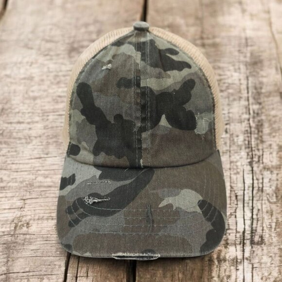C C Exclusives Distressed Camo Ponytail Mesh Strapback Cap Baseball Hat - Picture 1 of 13